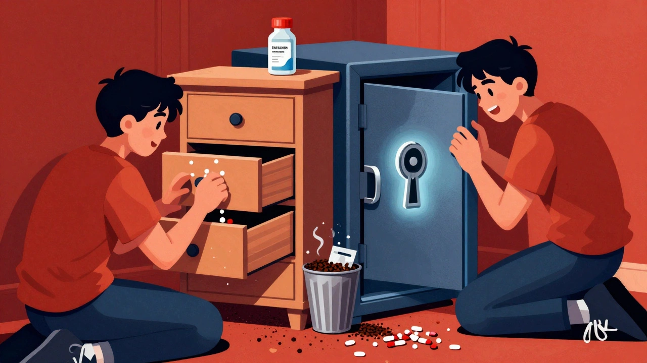 A teen opens an unlocked drawer of pills versus struggling with a locked safe, with insulin and disposed pills shown in background.