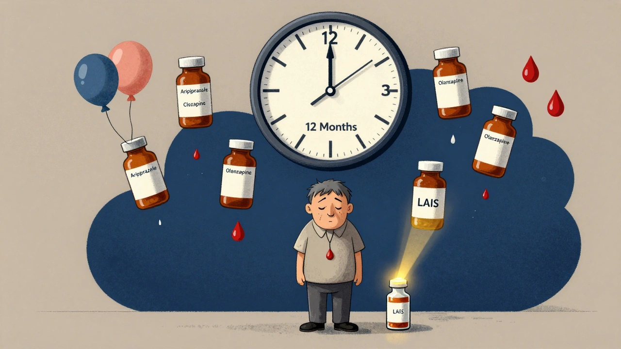A weary person beneath a clock, surrounded by medication bottles raining down side effects, with one golden injectable pill shining as a lifeline.