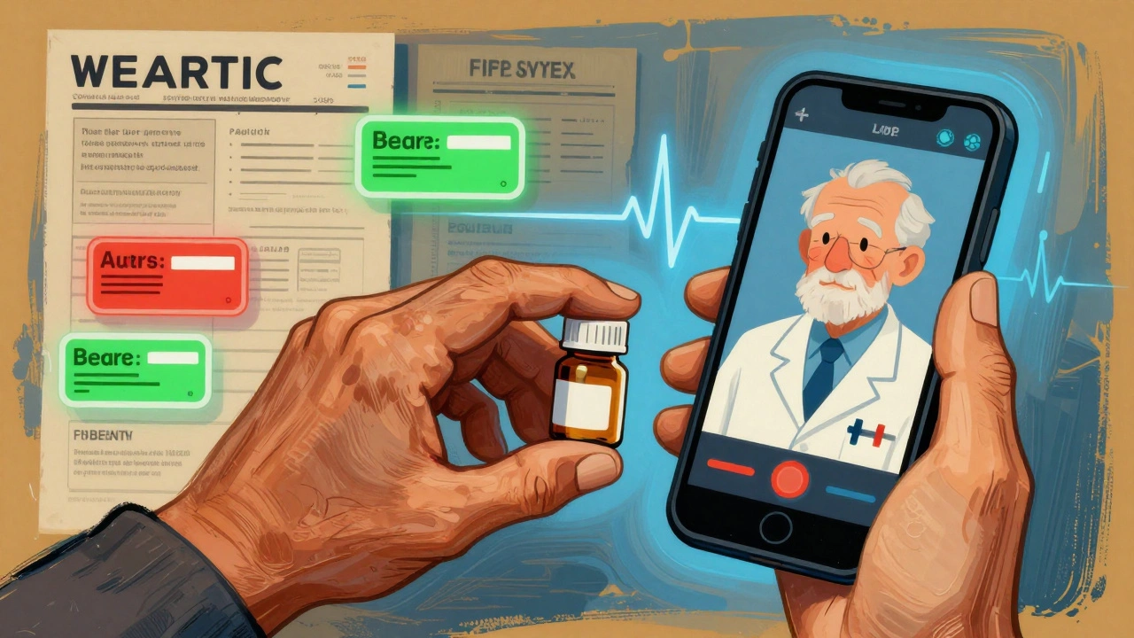 An elderly hand places a pill beside a smartphone video call, with medical charts and approval indicators in the background.