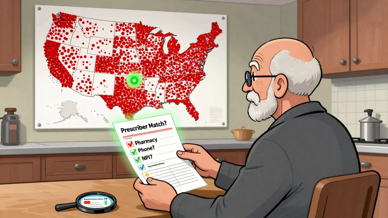 An elderly person checks a medication record beside a labeled prescription, with a glowing checklist and a map showing prevented errors in the background.