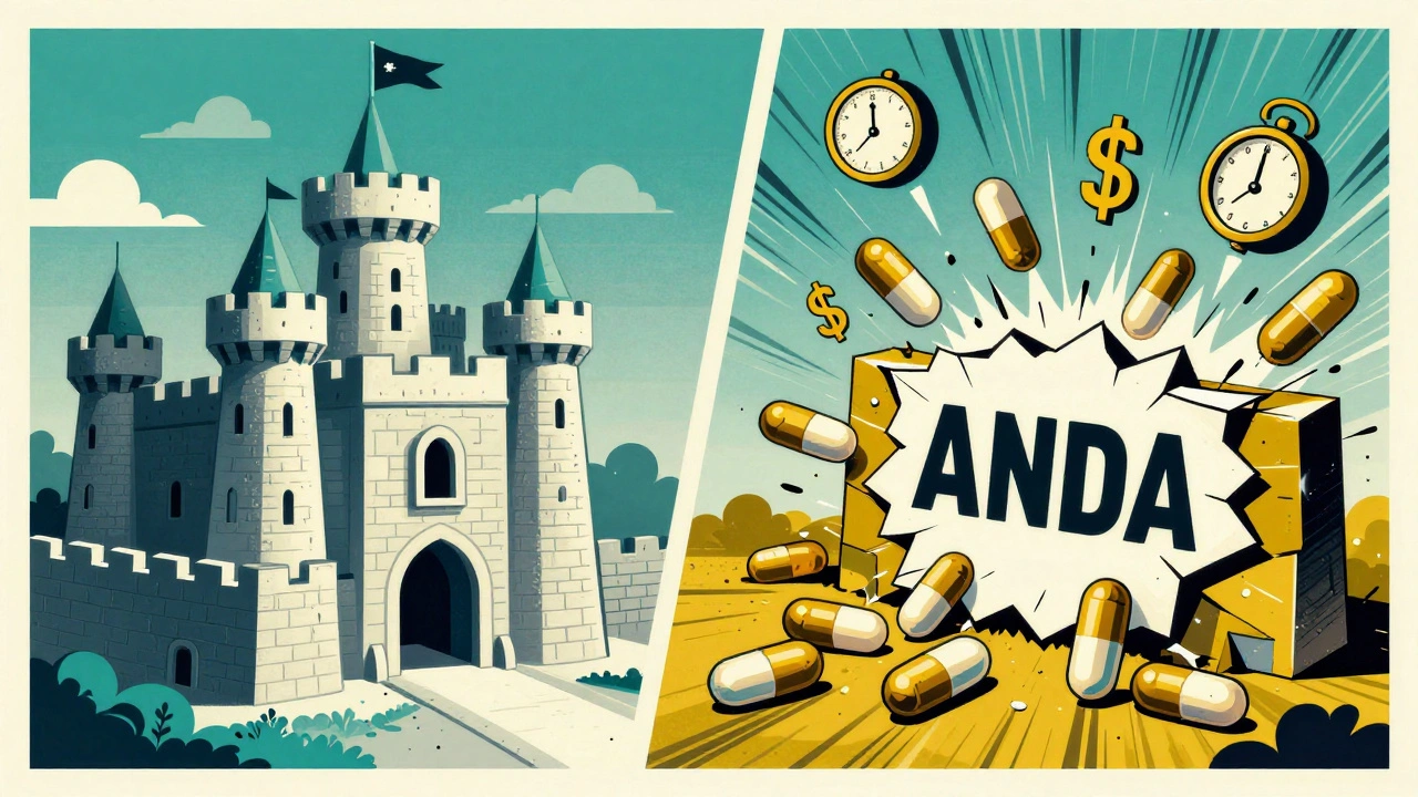 Brand-name pill castle vs. swarm of generic pills breaking through barrier labeled &#039;ANDA&#039;, dollar signs falling.