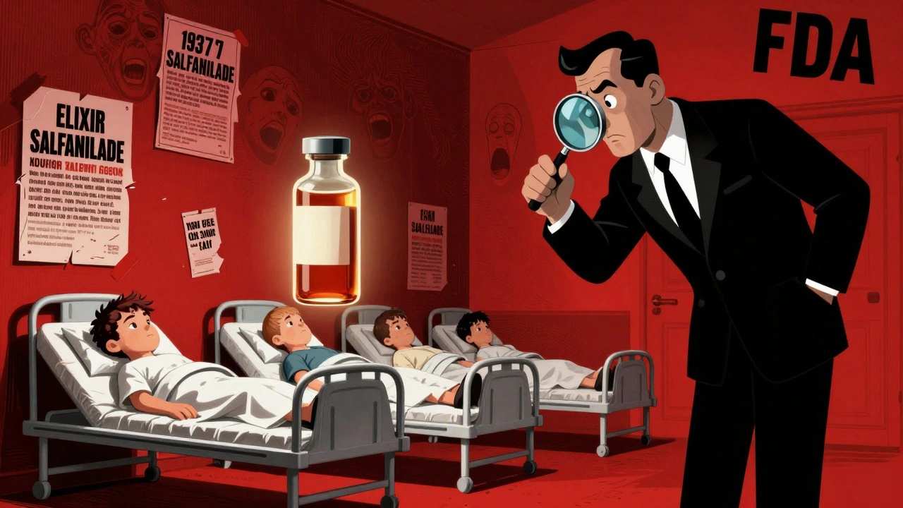 Children in hospital beds under a toxic drug vial, FDA inspector standing firm amid screaming headlines.