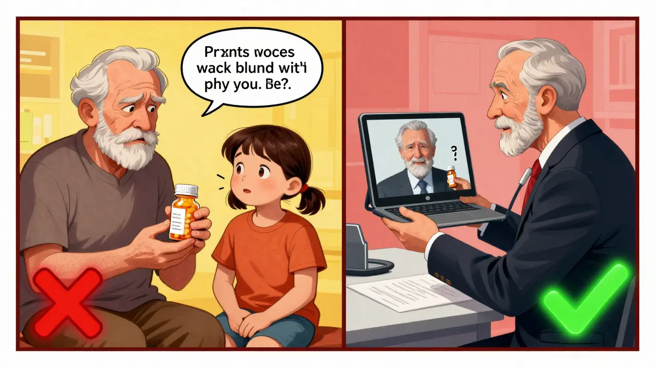 Contrasting scenes: family member misinterpreting pills vs. certified interpreter using video technology.