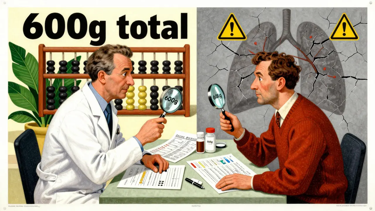 Doctor and patient at a table with an abacus counting cumulative drug doses, one side healthy, one side damaged.
