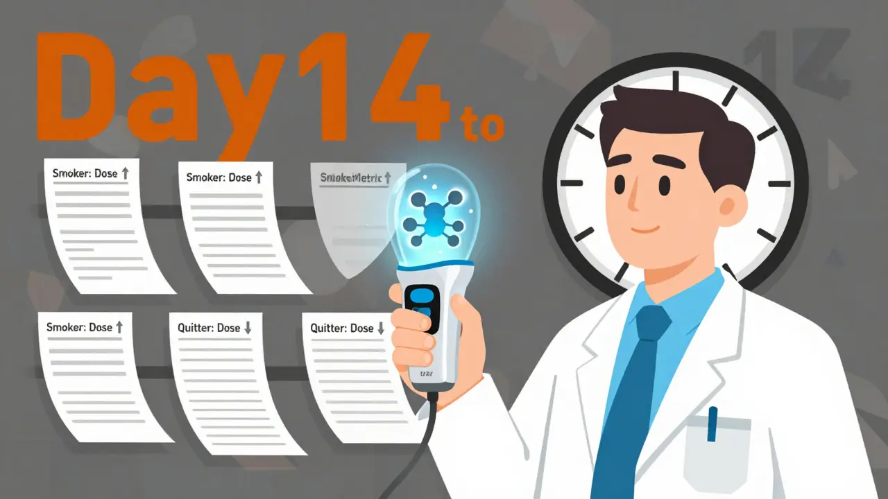 Doctor using breath test device as patient charts flip, showing dose changes from smoking to quitting.