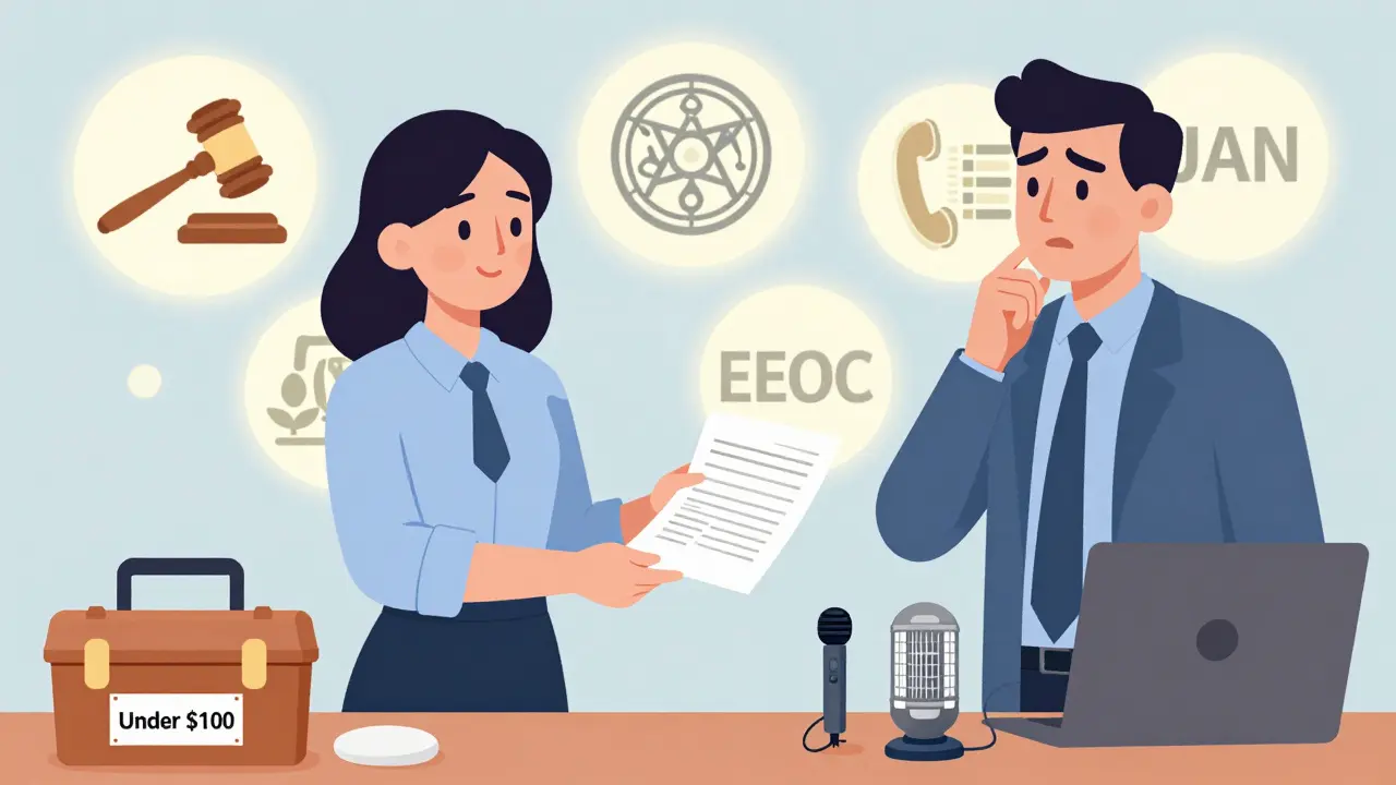 Employee delivering accommodation request as legal symbols glow behind them with low-cost tools in foreground.