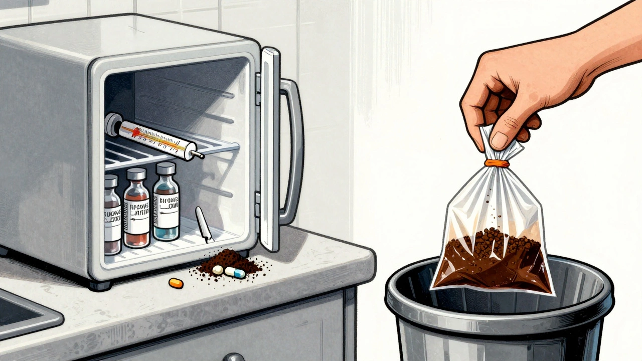 Expired pills mixed with coffee grounds in a sealed bag, being disposed of properly in a trash bin.