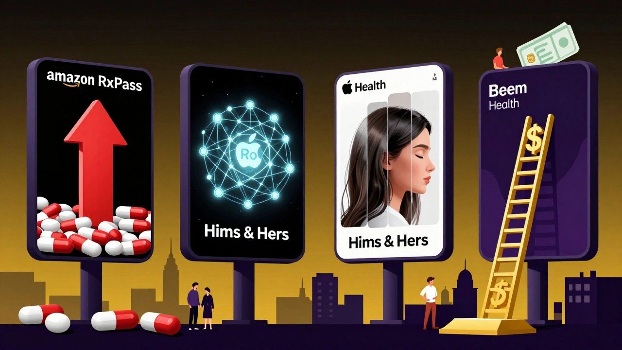 Four app platforms depicted as bold, surreal billboards in a stylized city, each with unique symbolic visuals.