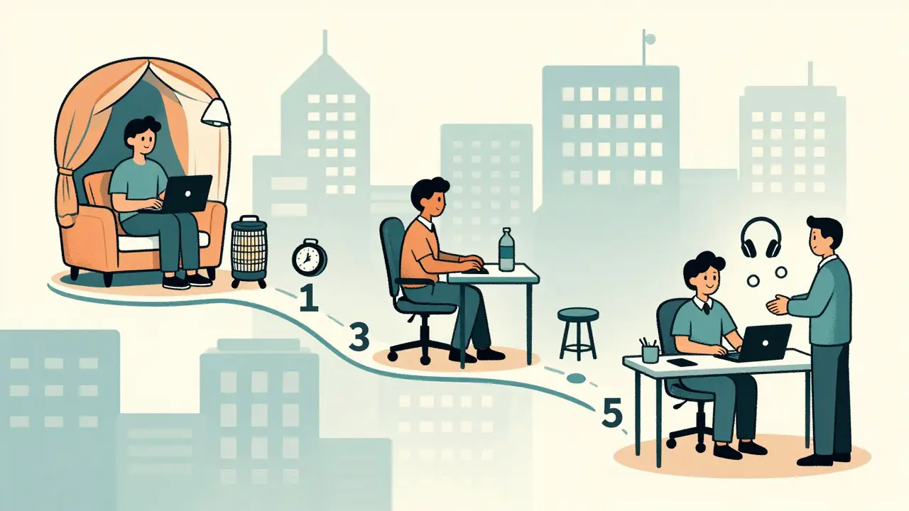 Gradual return-to-work journey shown as a path through home and office with supportive icons.