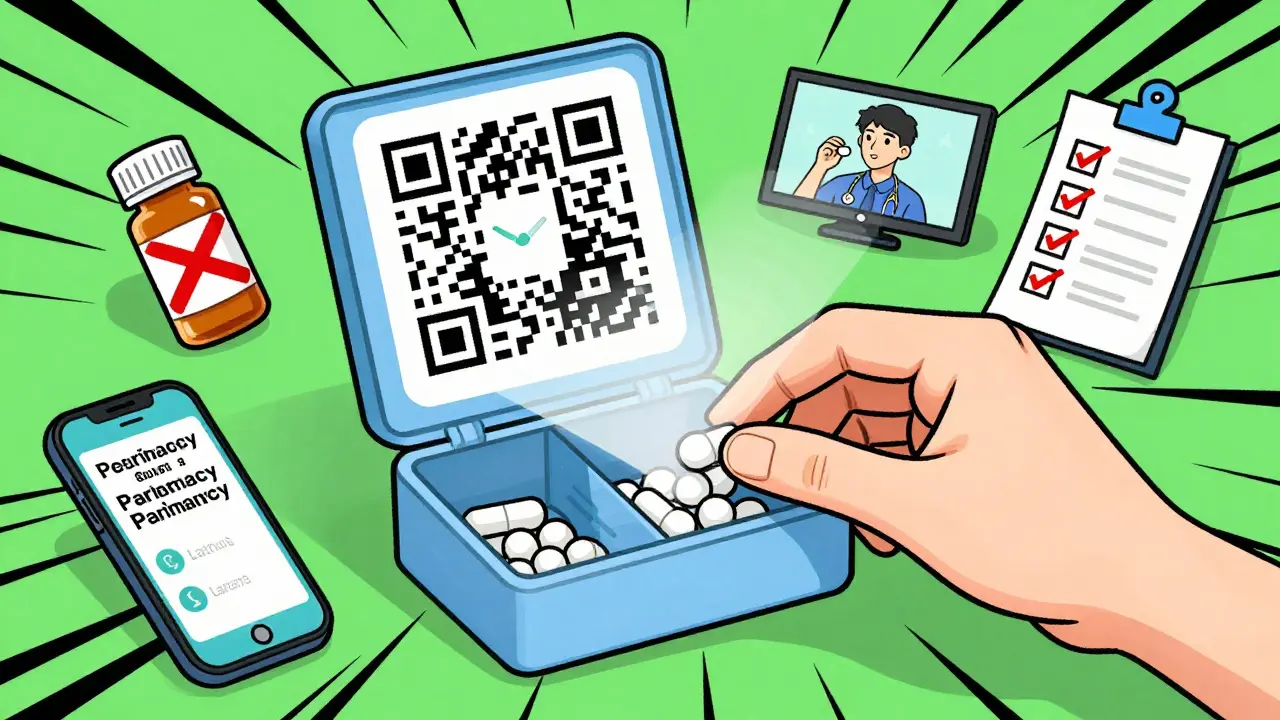 Hand placing pills into an organizer with glowing QR code projecting a video guide, surrounded by safety symbols.