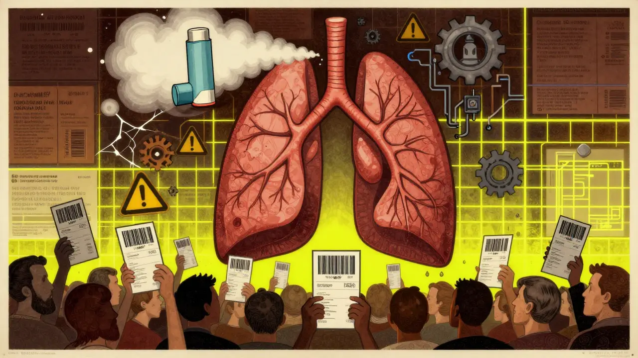 Human lung with inhaler mist turning into warning signs and AI circuits, surrounded by prescription barcodes.