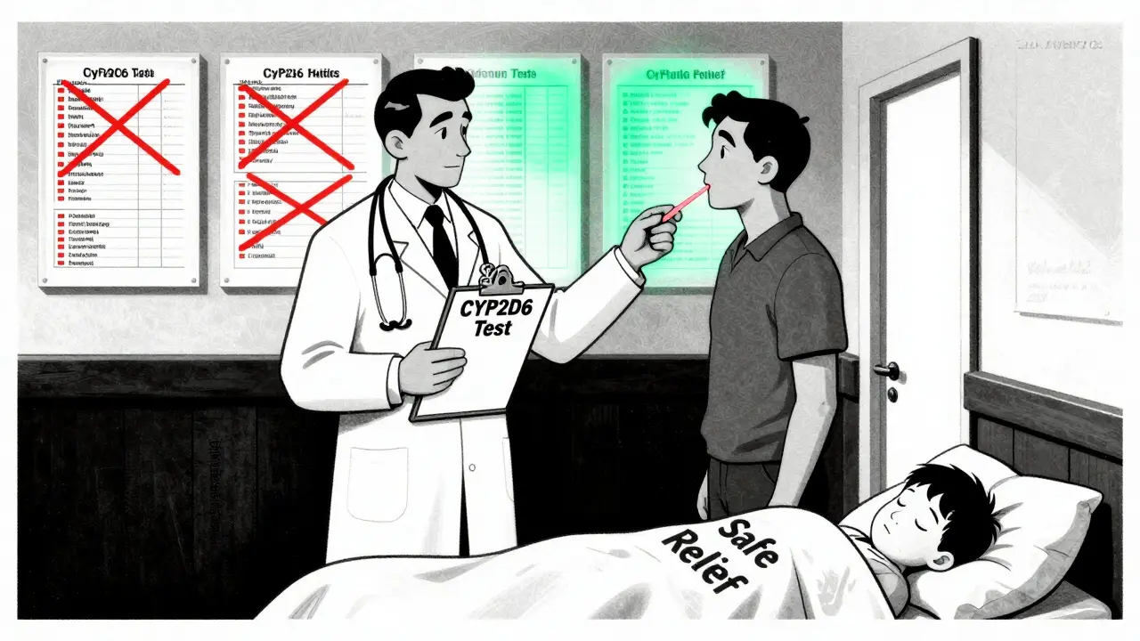 Patient and doctor in hospital hallway with genetic test and safe pain relief symbols in Polish poster style.