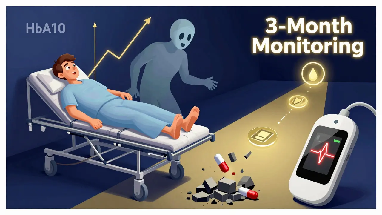 Patient leaving hospital as steroid dose crumbles, ghostly diabetic figure behind, path ahead marked for 3-month glucose monitoring.