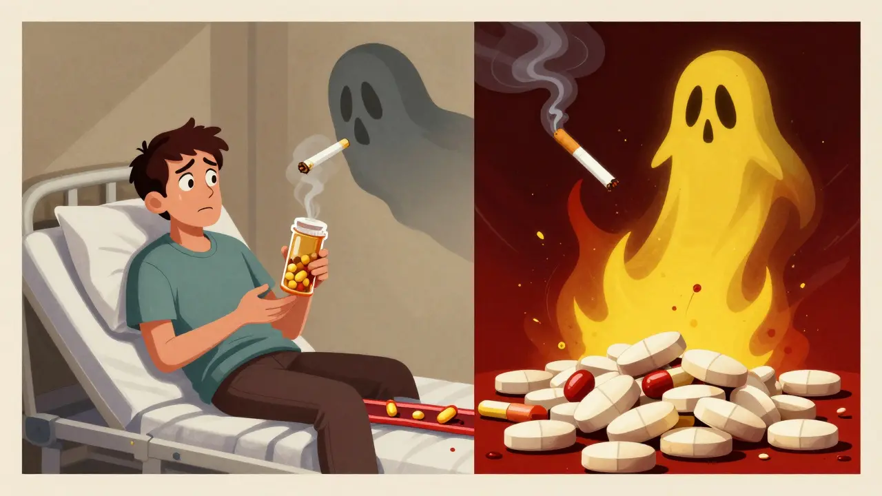 Patient on hospital bed with split timeline: pills vanishing (smoking) vs. piling up (after quitting).
