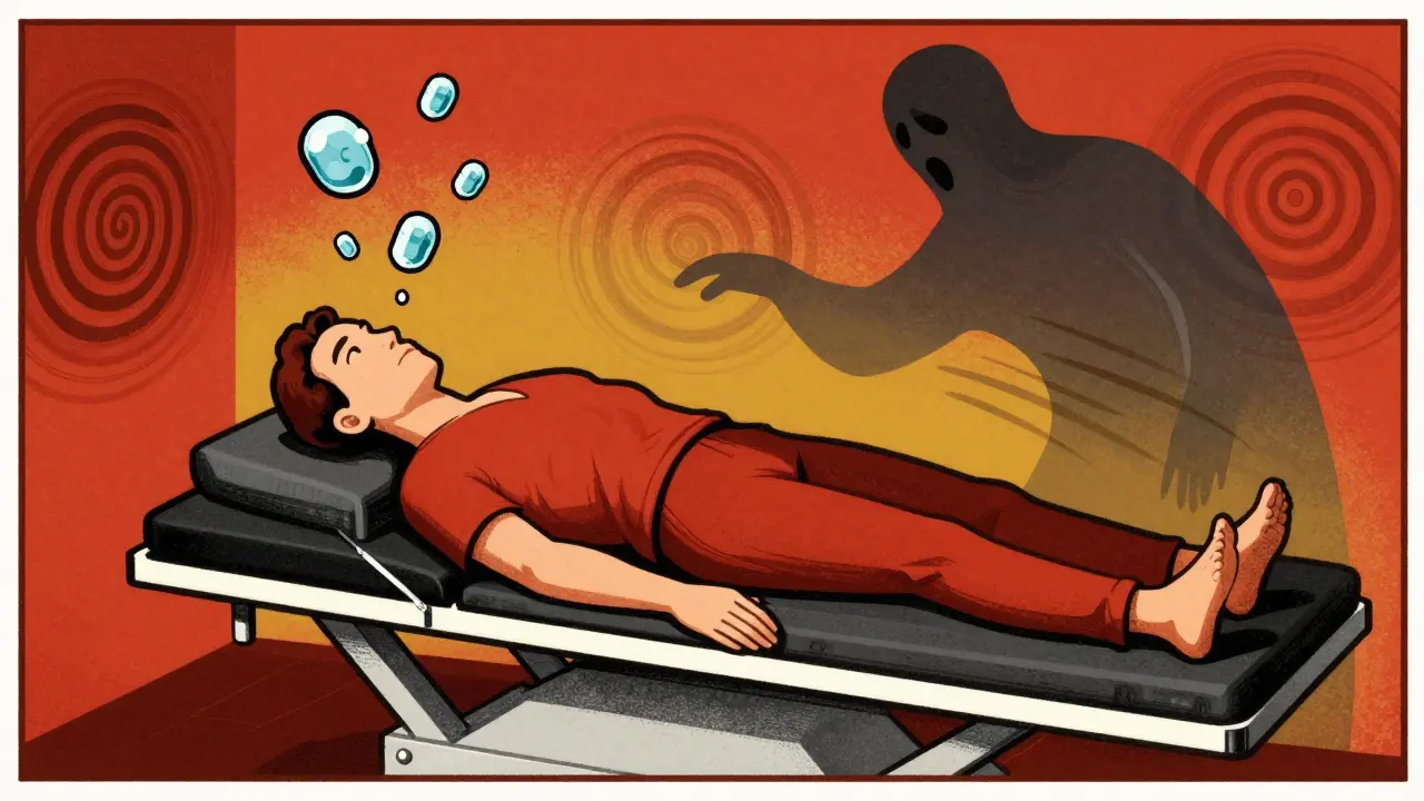 Patient undergoing Dix-Hallpike test with spinning room illusions in stylized geometric colors.