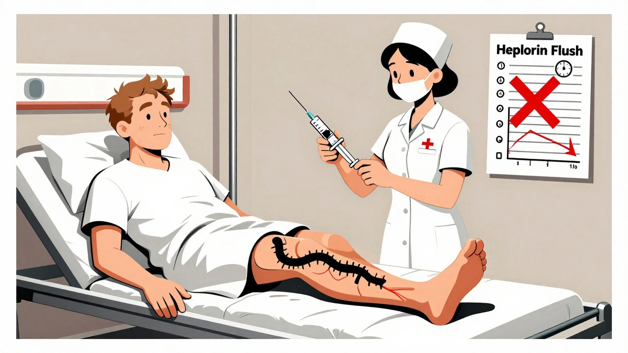 Patient with swollen leg and clot, nurse holding heparin flush with red X, medical chart showing crashing platelet count.