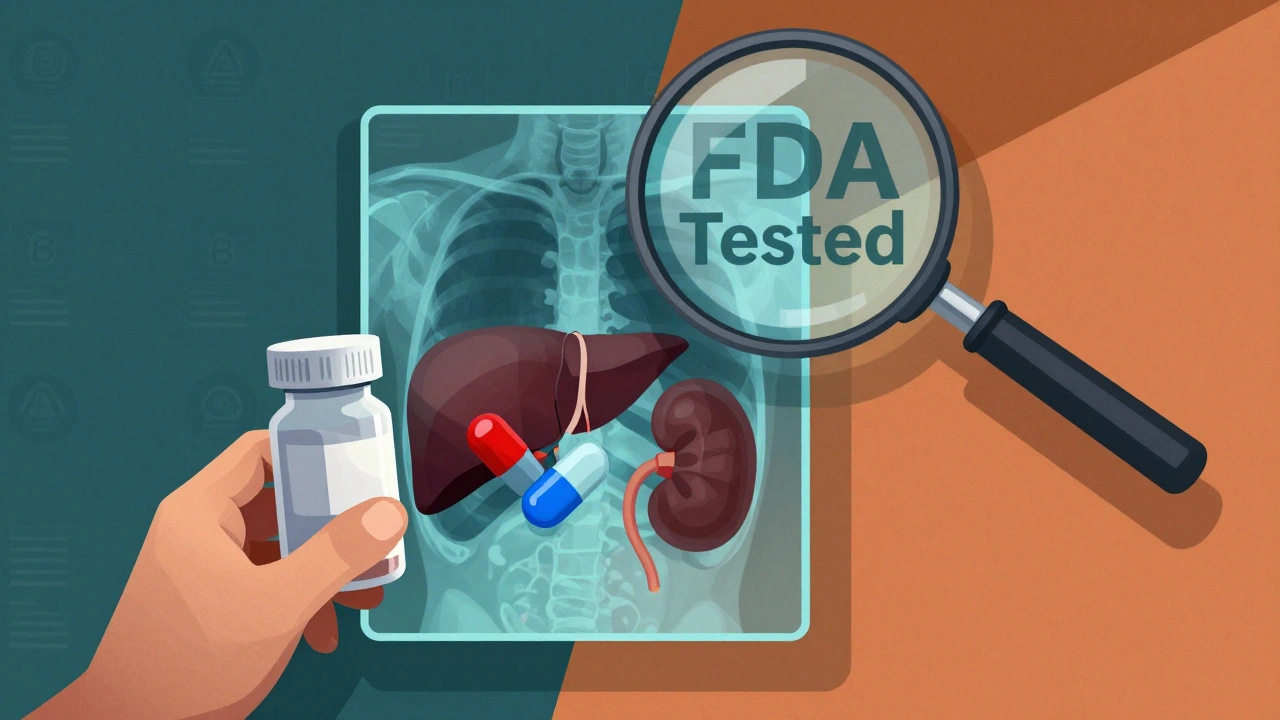 Patient with X-ray view of identical drug molecules traveling through bloodstream under FDA magnifying glass.