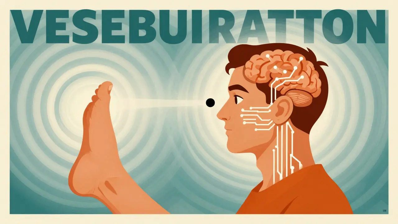 Person doing balance exercise with glowing neural pathways and dissolving dizziness spirals.