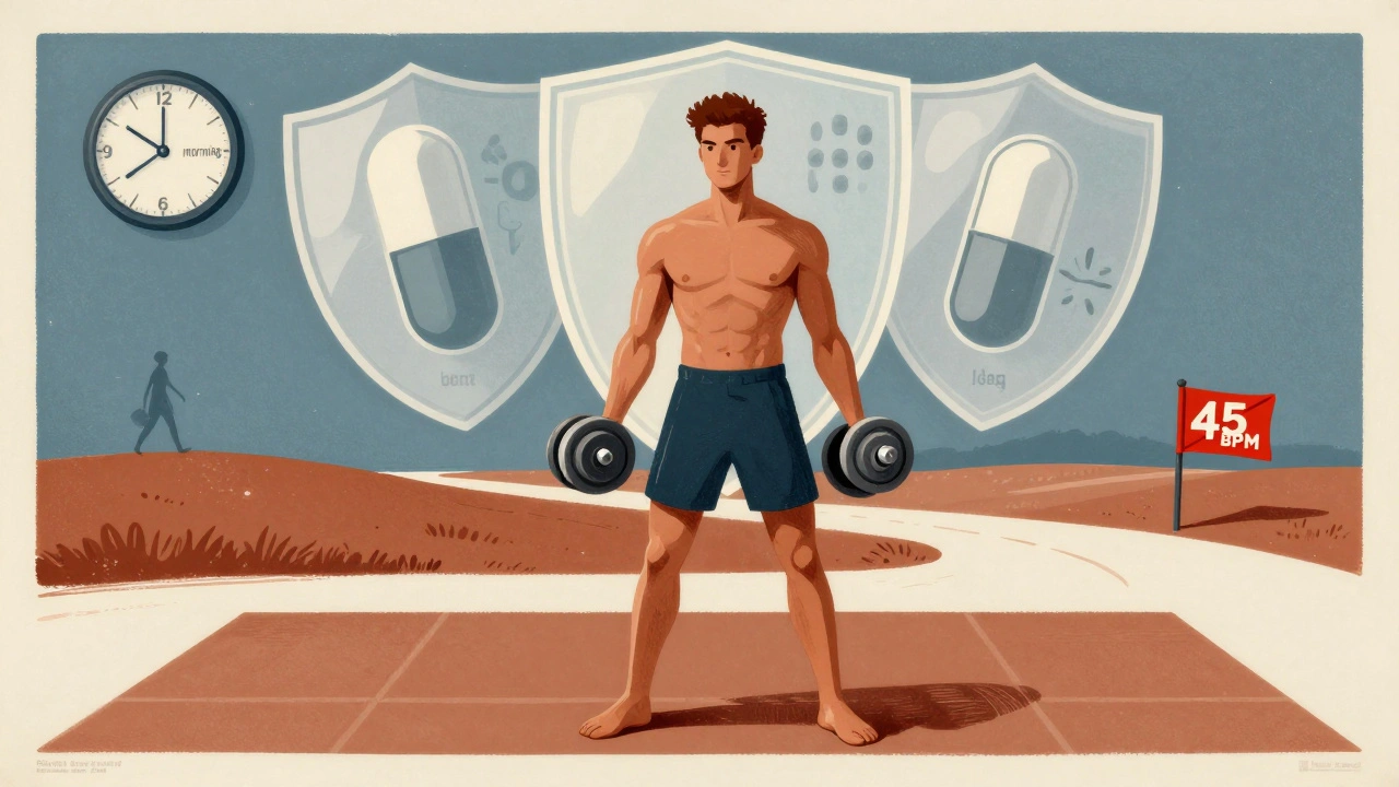 Person lifting light weight with medication icons floating behind, morning light and path leading to horizon