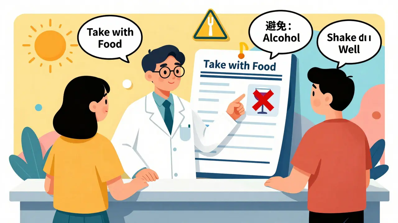 Pharmacist and patient reviewing a prescription label with floating warning icons and visual cues for proper use.