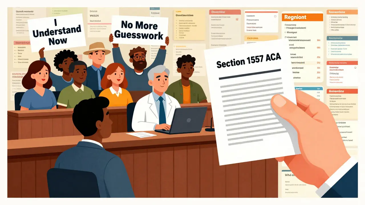 Pharmacist held accountable by law, with diverse patients celebrating understanding through translated labels.