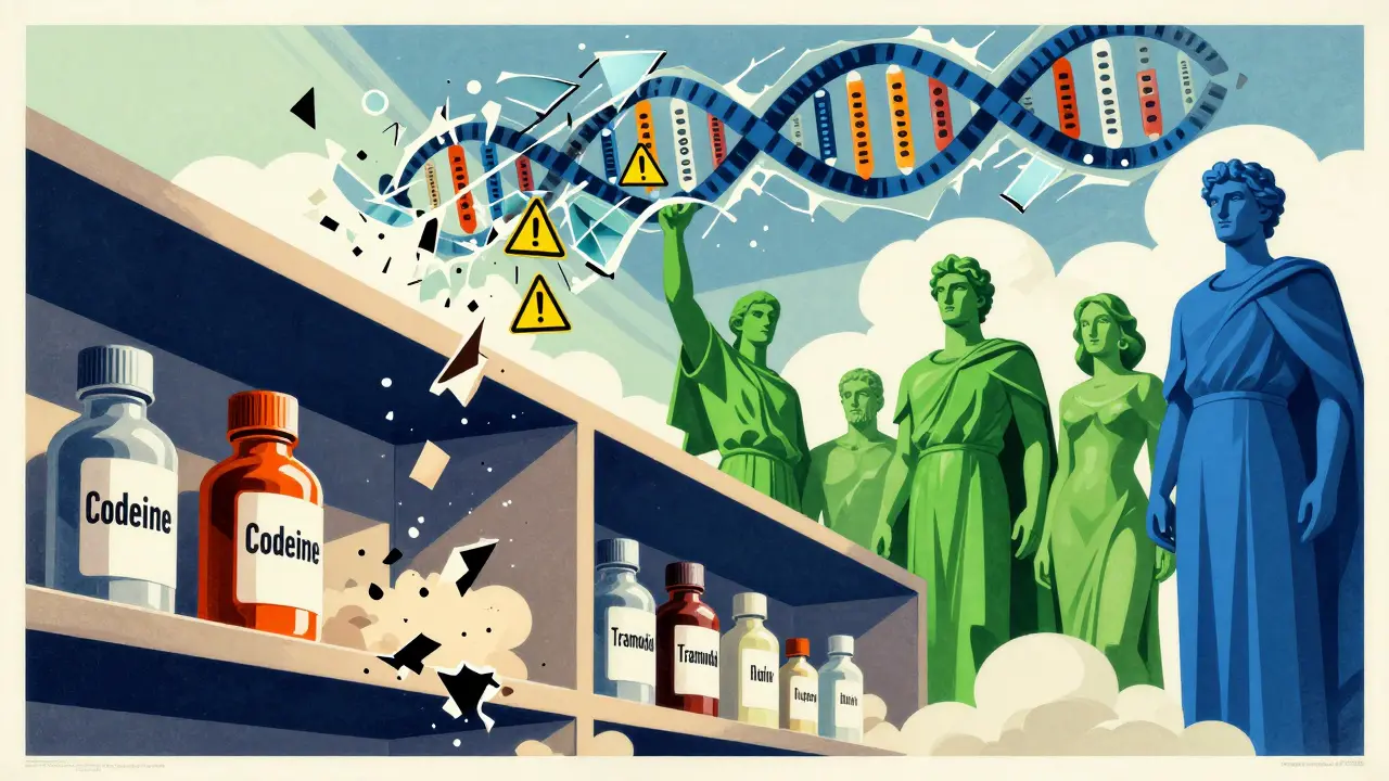 Pharmacy shelf with crumbling codeine bottles and rising safe alternatives in bold poster style.