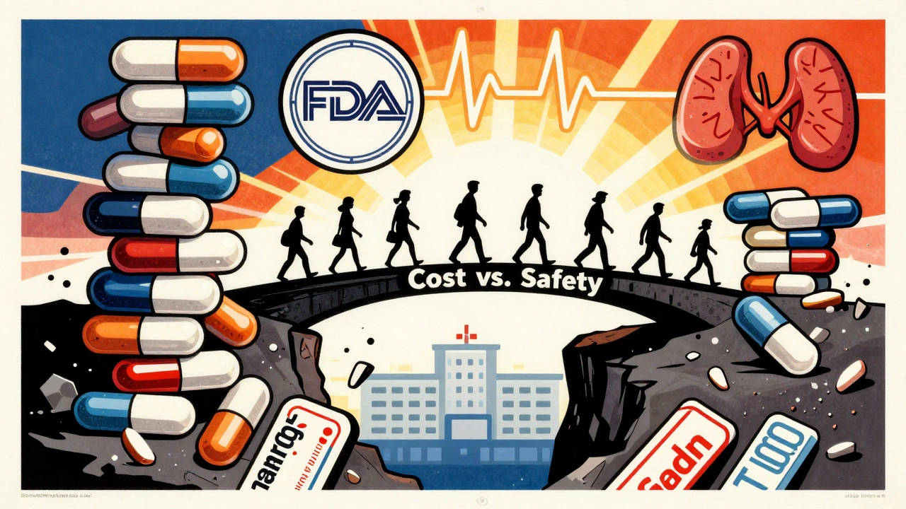 Pill bridge over cost-safety chasm leading to hospital, with FDA seal radiating light in Polish poster style.