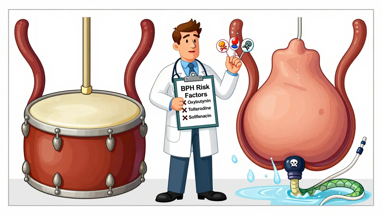Split image: healthy bladder vs. bloated bladder bursting with urine, surrounded by dangerous pills.