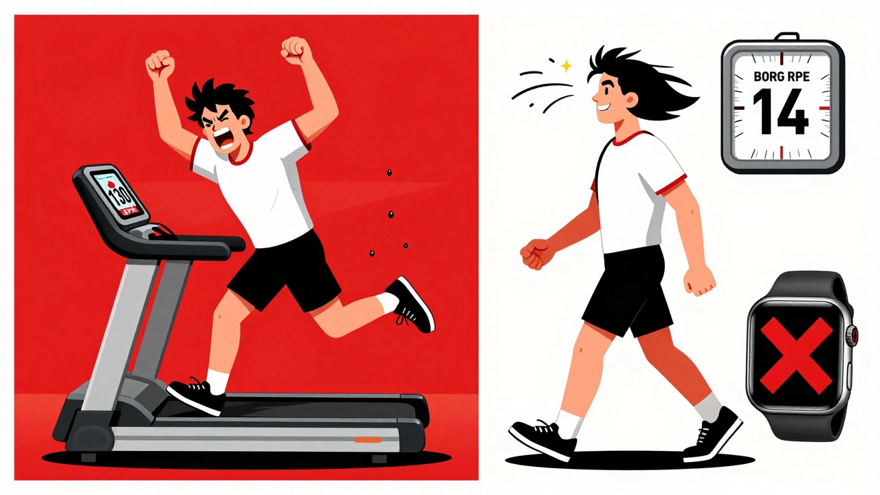 Split image: one side shows strained exercise with high heart rate, other shows calm walk with Borg RPE scale at 14