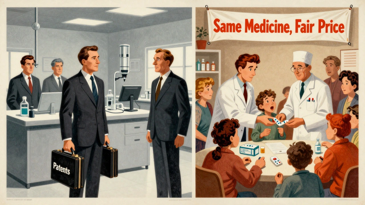 Split scene: corporate executives with patents vs. community workers distributing generic pills in a vibrant clinic.
