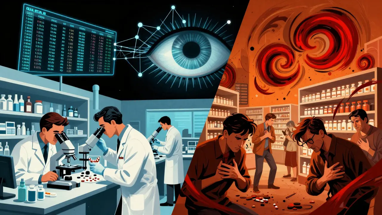 Split scene: FDA lab vs. pharmacy chaos, with a digital eye scanning health data.