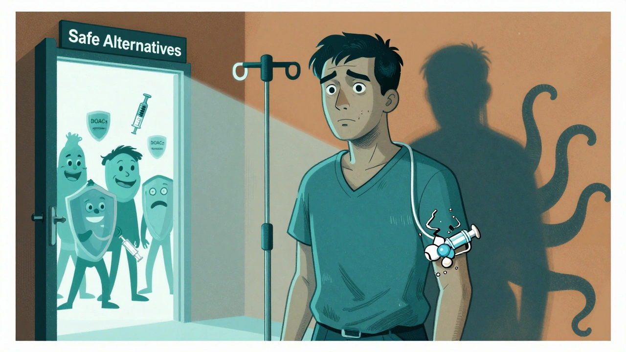 Survivor with medical bracelet facing clot monster, safe anticoagulants glowing behind a door in bold graphic style.