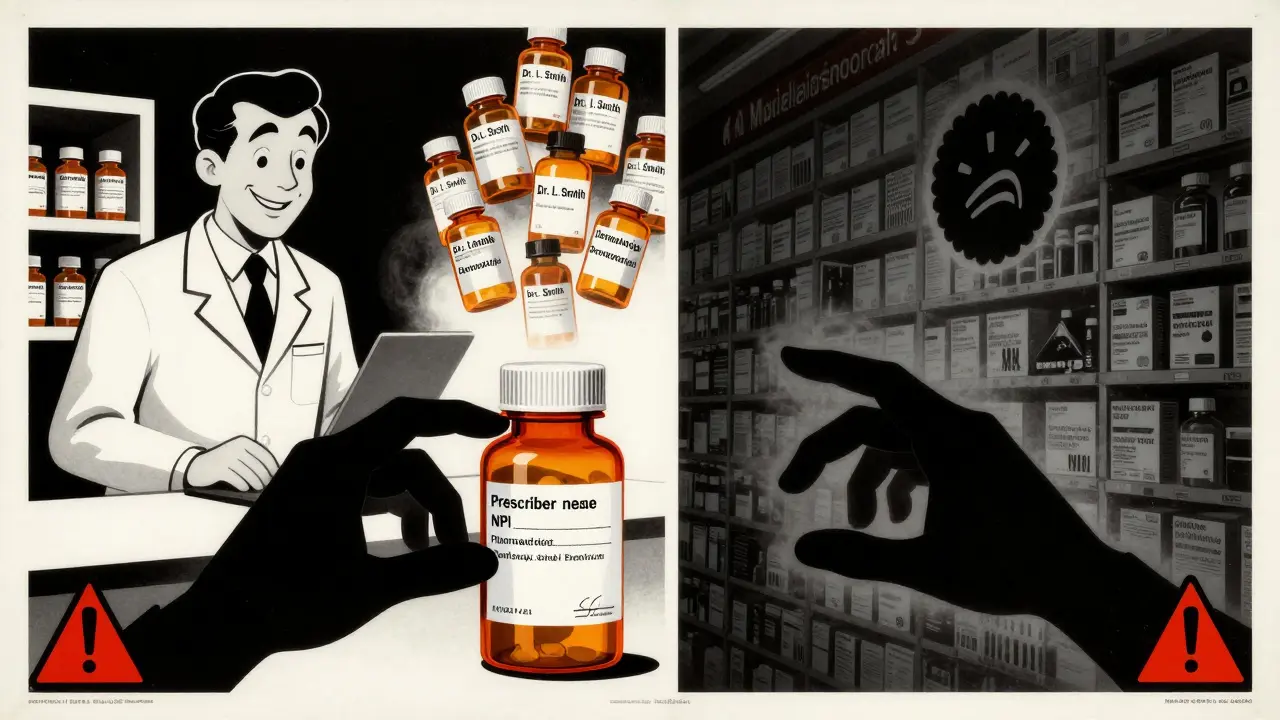 Two hands reach for a pill bottle — one from a legitimate pharmacy, the other from a fake mail-order warehouse with mislabeled bottles floating behind.