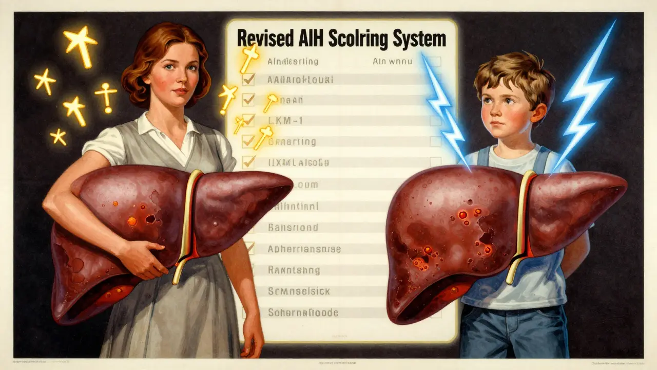 Two patients with different antibody markers beside livers showing early and advanced disease stages.