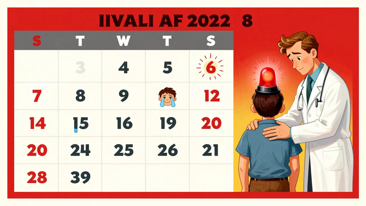 A calendar shows emotional changes over eight weeks, culminating in a doctor’s supportive intervention with a glowing alert.