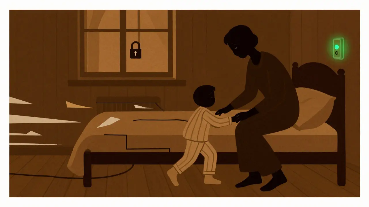 A calm adult gently guiding a sleepwalking child back to bed, with a door alarm glowing softly in the background.