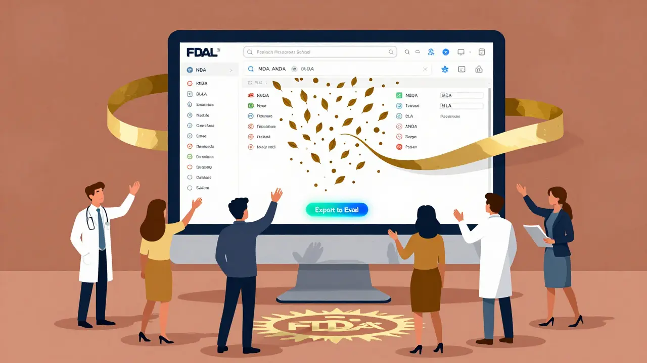 A computer screen displays cascading drug labels with export options, while professionals reach toward the data.