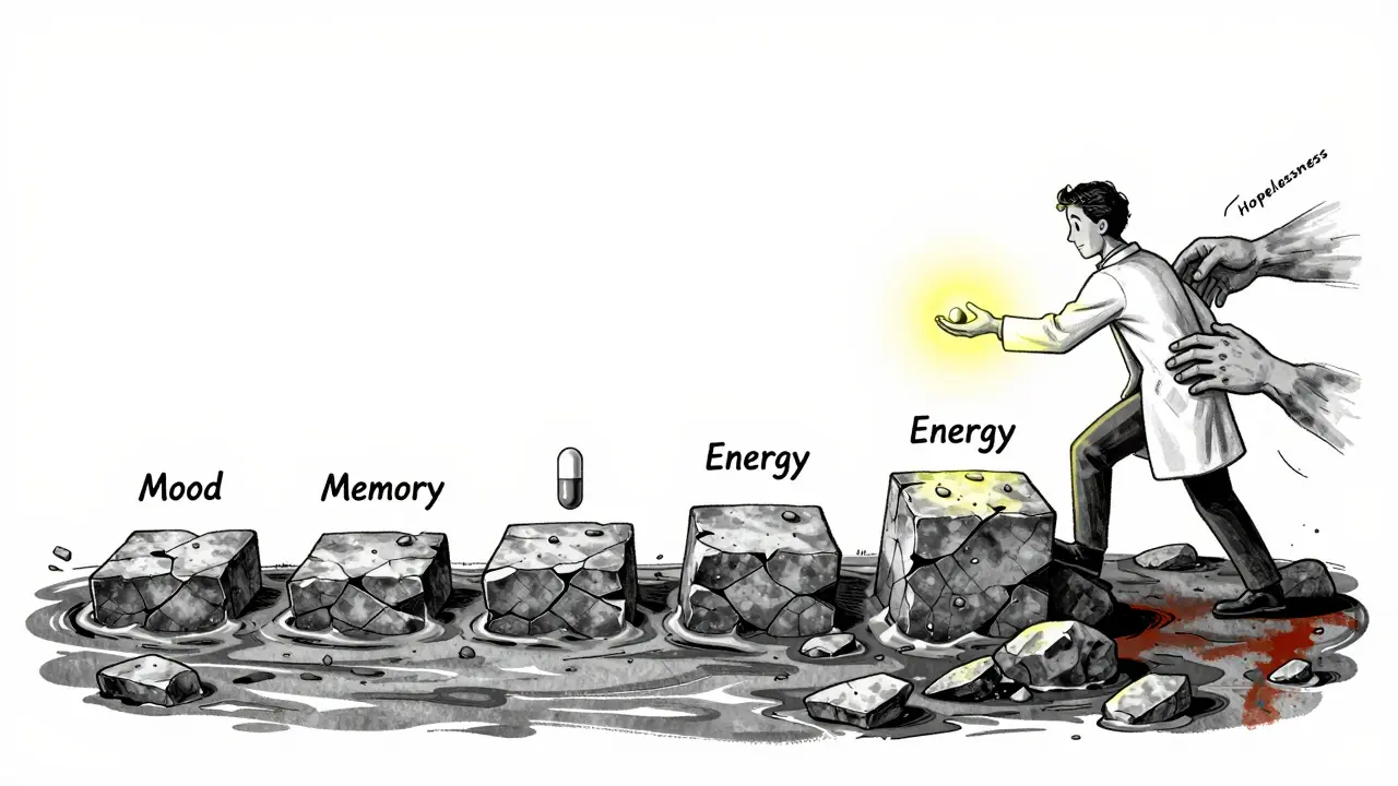 A crumbling medical path with sinking steps labeled Mood, Memory, Energy, as ghostly hands pull at a figure reaching for a glowing pill.