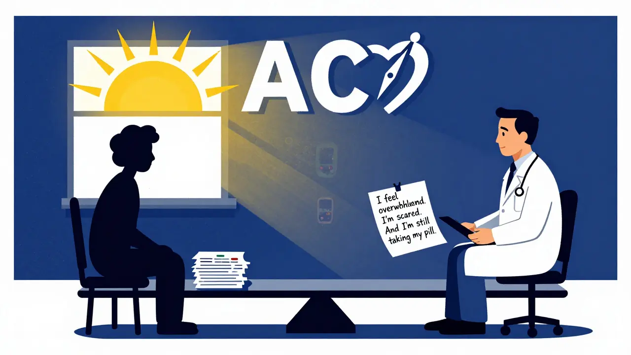 A doctor and patient balance a seesaw of outdated systems versus a handwritten ACT affirmation under a rising sun.