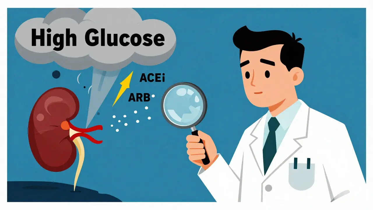 A doctor using a magnifying glass to deflect high blood sugar clouds from a urine sample with ACEi and ARB arrows.