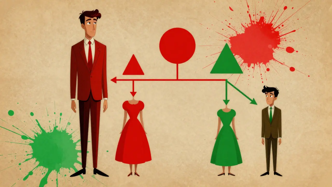 A genetic family tree with triangles and circles showing how color blindness passes from father to daughter to grandson.