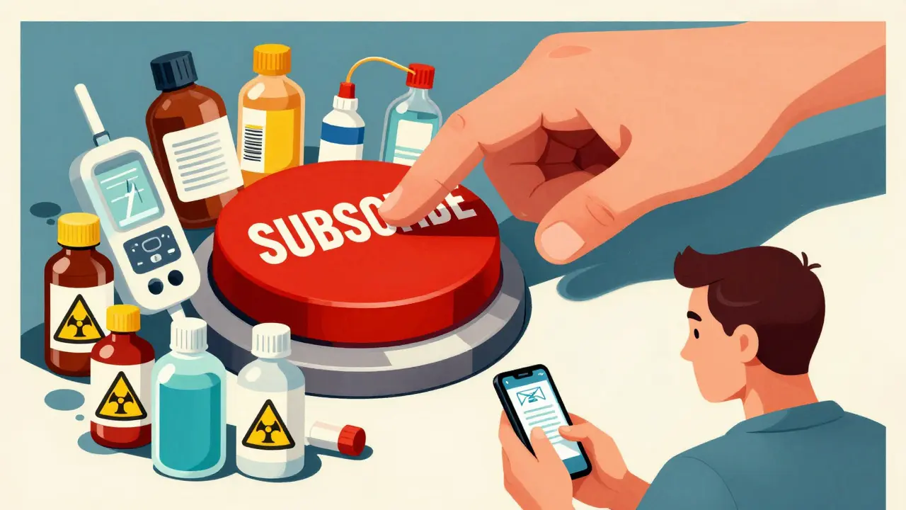 A hand pressing a subscribe button as drug hazards swirl below, one patient calm amid chaos.