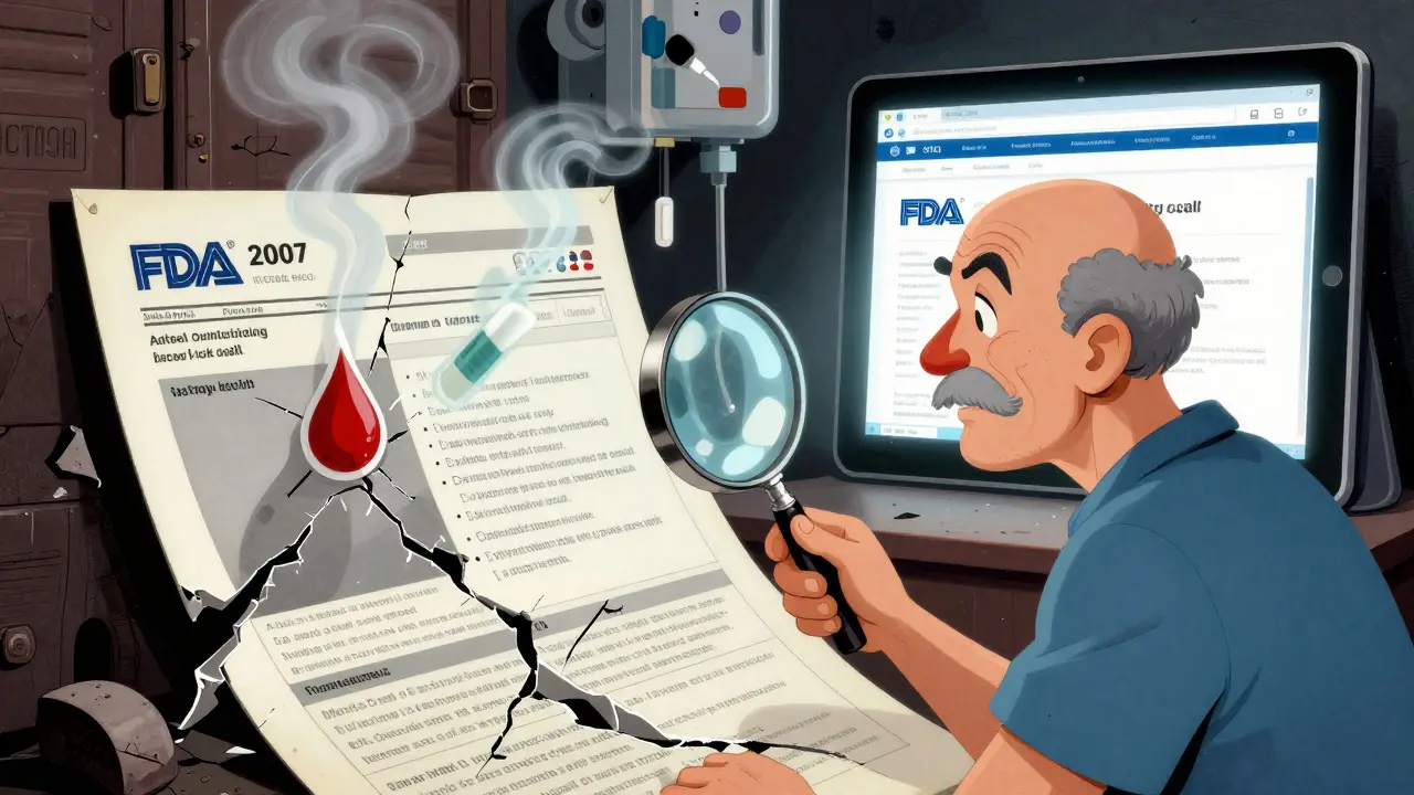 A patient examining a crumbling 2007 FDA webpage as ghostly warnings rise from its ruins.