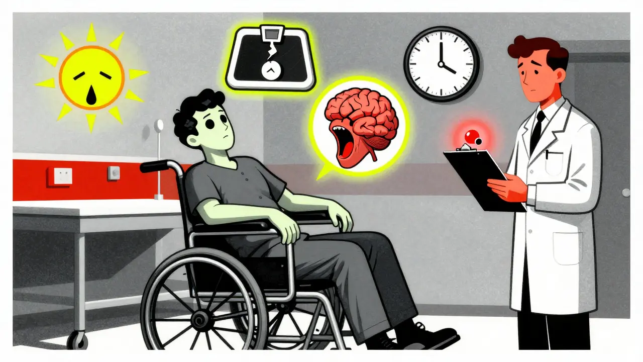 A patient in emergency room surrounded by floating symptoms of adrenal insufficiency, with a glowing cortisol molecule nearby.