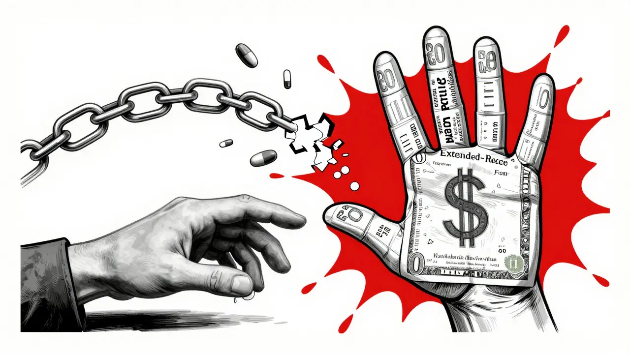 A patient reaches for an affordable generic pill, but a corporate hand made of patents blocks the way.