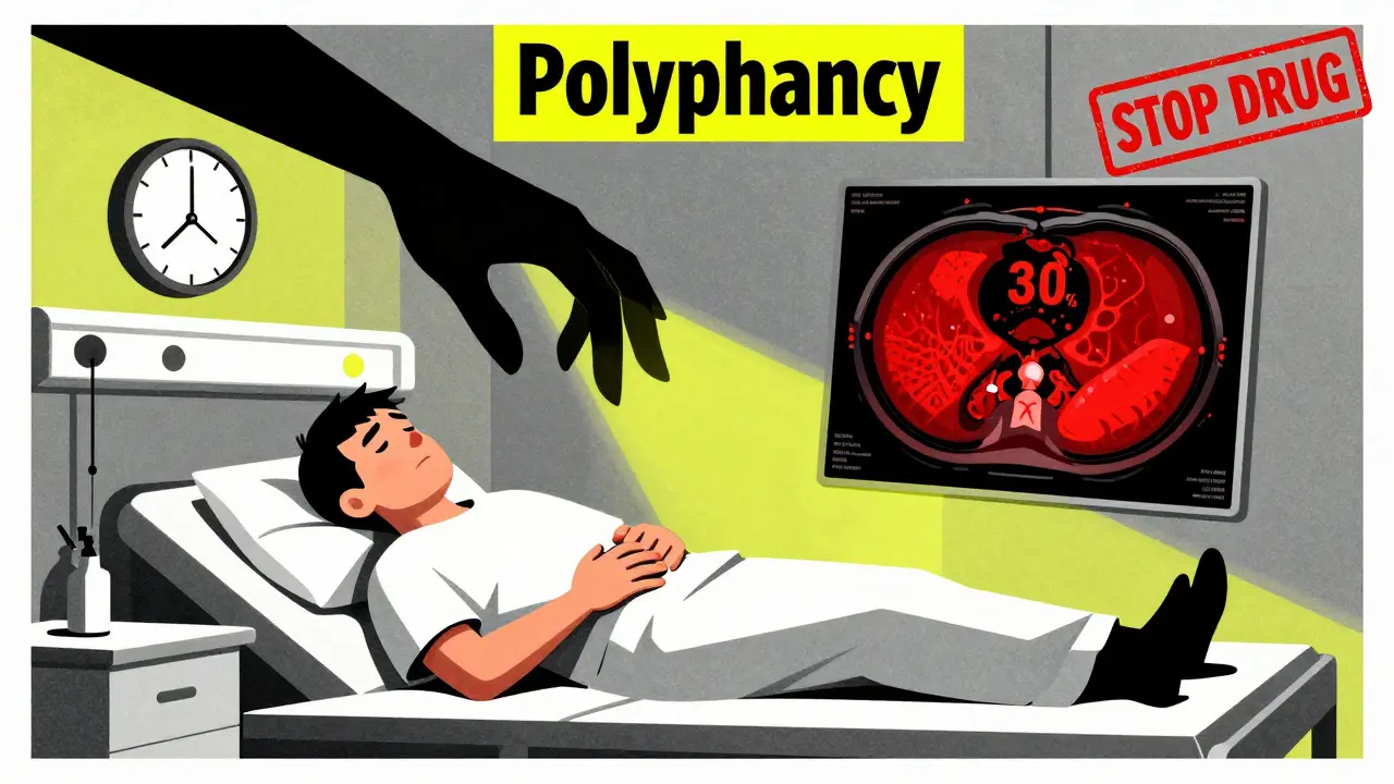 A patient under pressure from a giant 'Polypharmacy' hand, with a CT scan showing pancreatic necrosis in a hospital scene, Polish Poster School style.