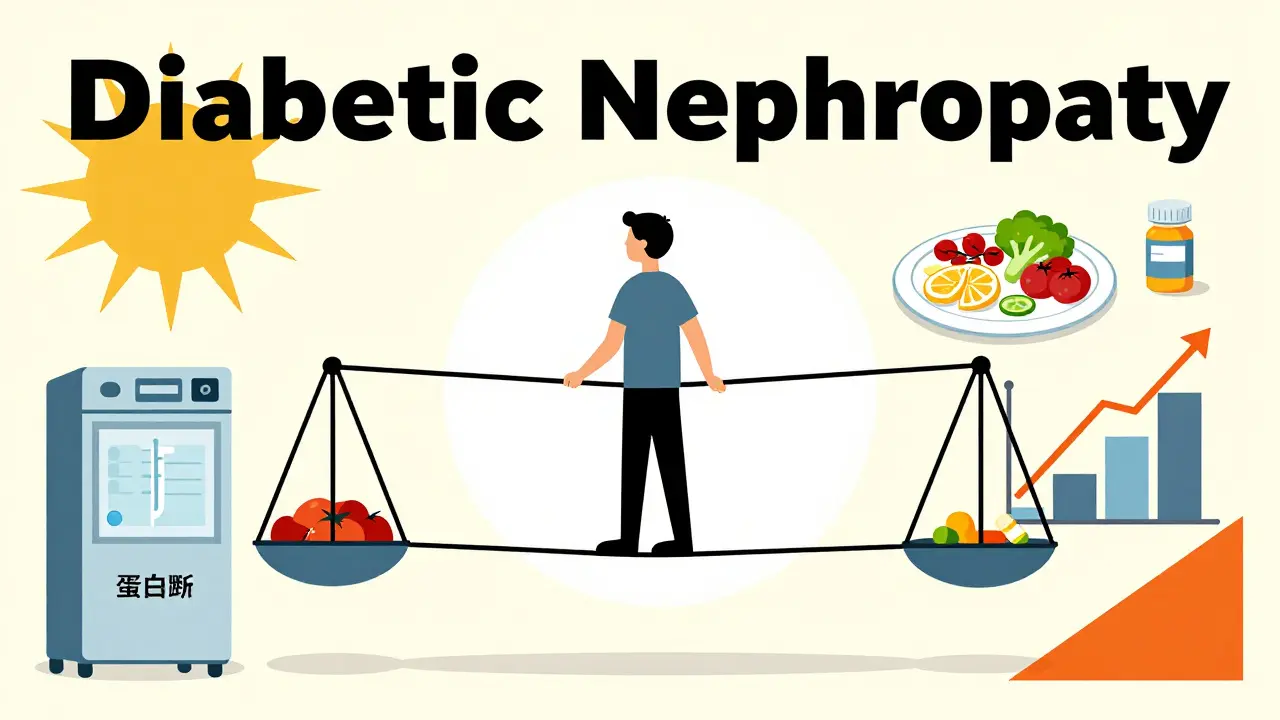 A person balanced on a tightrope between kidney failure and protection, with diet, medication, and rising function symbols.