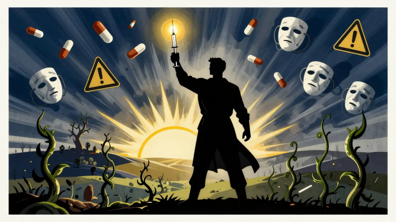 A person holding an emergency steroid injection as a light source, overcoming shadowy medical dangers under a rising sun.