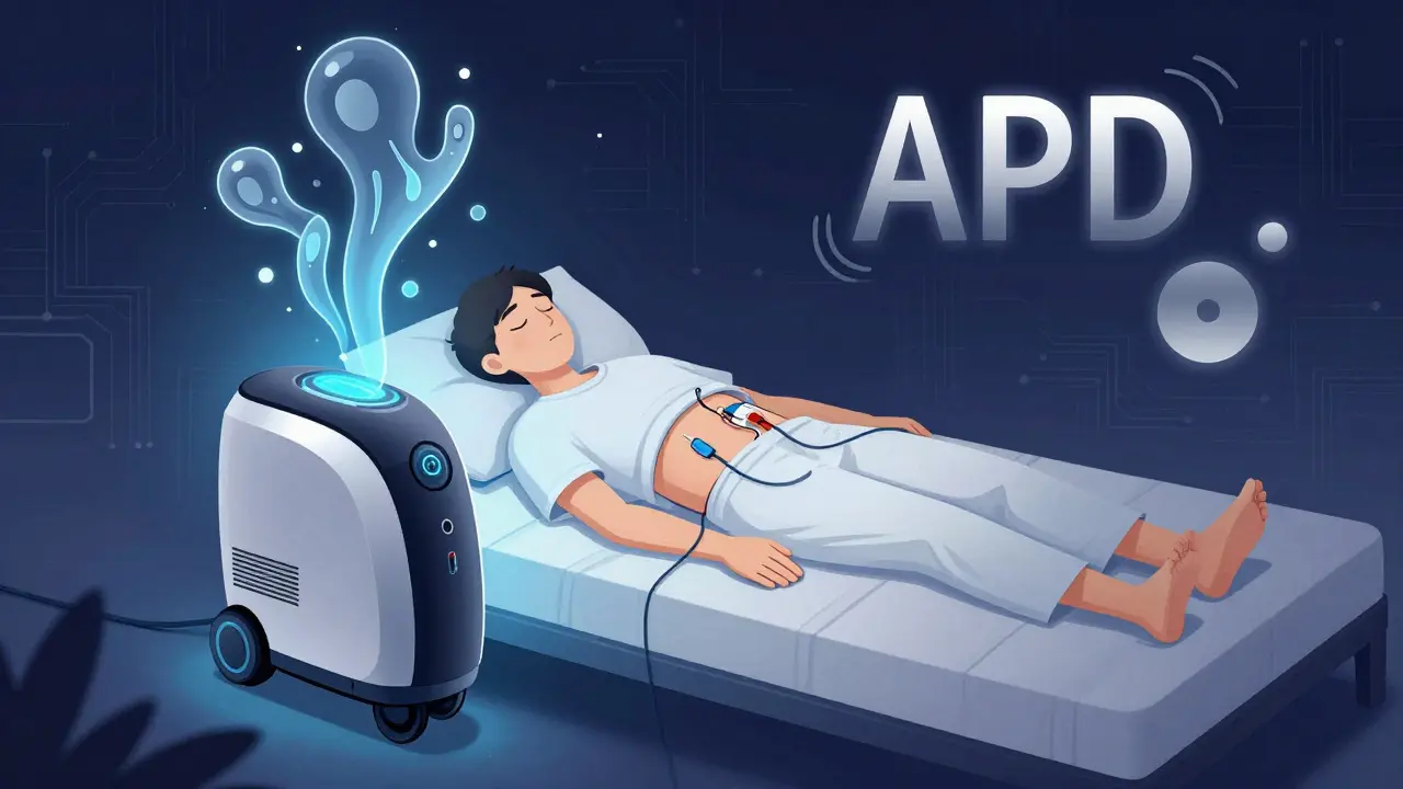 A person sleeping peacefully with an APD cycler beside the bed, soft blue ambient light.