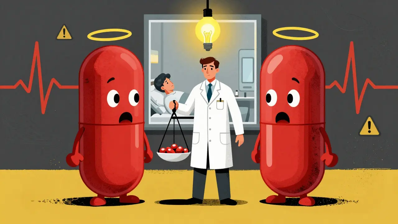 A pharmacist balancing two giant pills, digoxin and amiodarone, as a patient shows visual halos and an EKG melts into warnings.